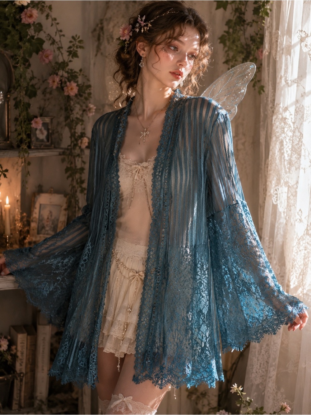 Grace & Emma Blue Sheer Lace Cardigan Cottagecore Prarie Size XL/2XL Romantic